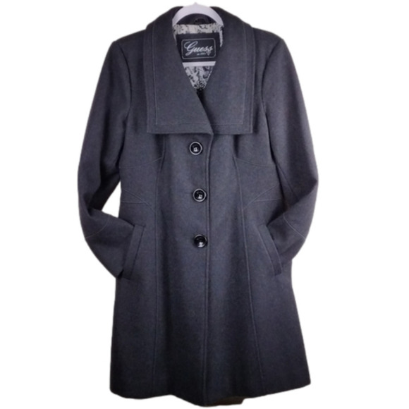 Guess Vintage Gray Wool Blend Shawl Collar Long Sleeve Mid Length Driving Coat - Picture 1 of 14